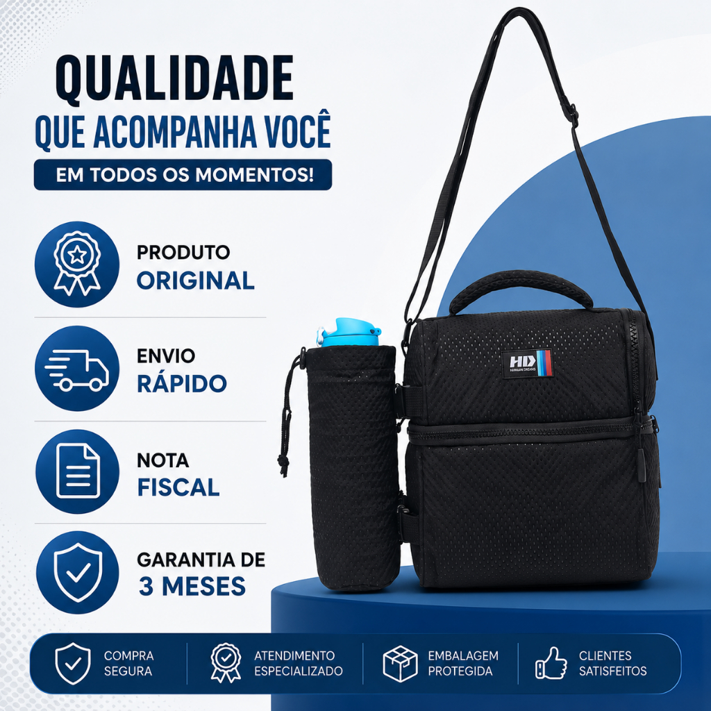Bolsa Térmica HD Reforçada Porta Marmita + Garrafa Alça Transversal Lancheira Fitness Academia