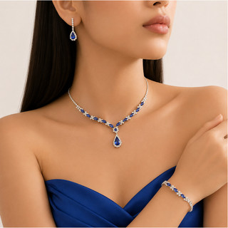 Conjunto 3 Peças Colar + Brinco + Pulseira Festa Azul
