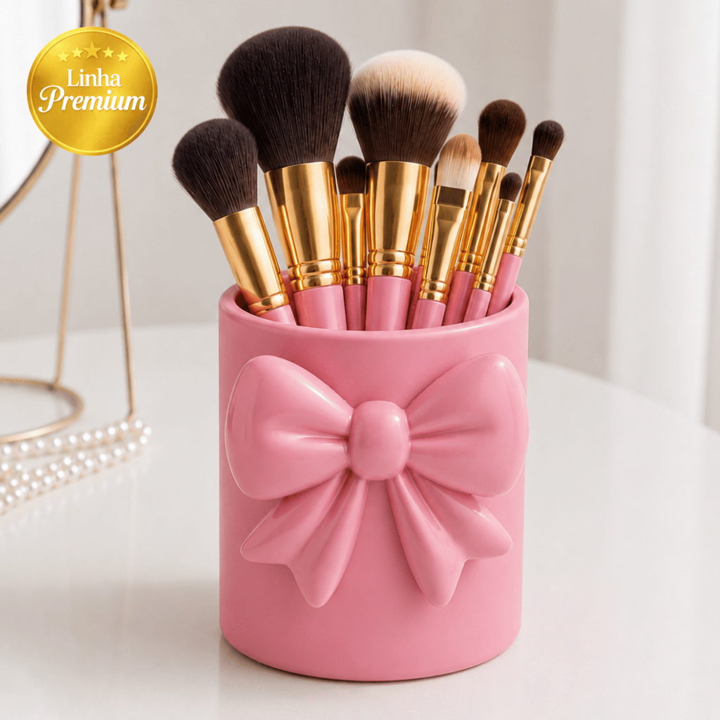 Porta Pincéis de Maquiagem Organizador de Mesa com Laço Decorativo