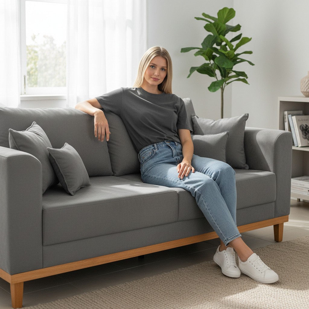 Sofá 3 Lugares Retro Sala de Estar Beny Suede Cinza Recepção Madeira Estofados
