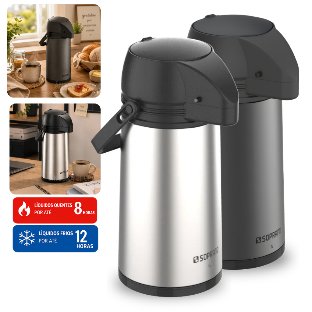 Garrafa Térmica de Café Chá Single Inox 1 Litro Conserva Quente Frio Soprano Antivazamento 1L