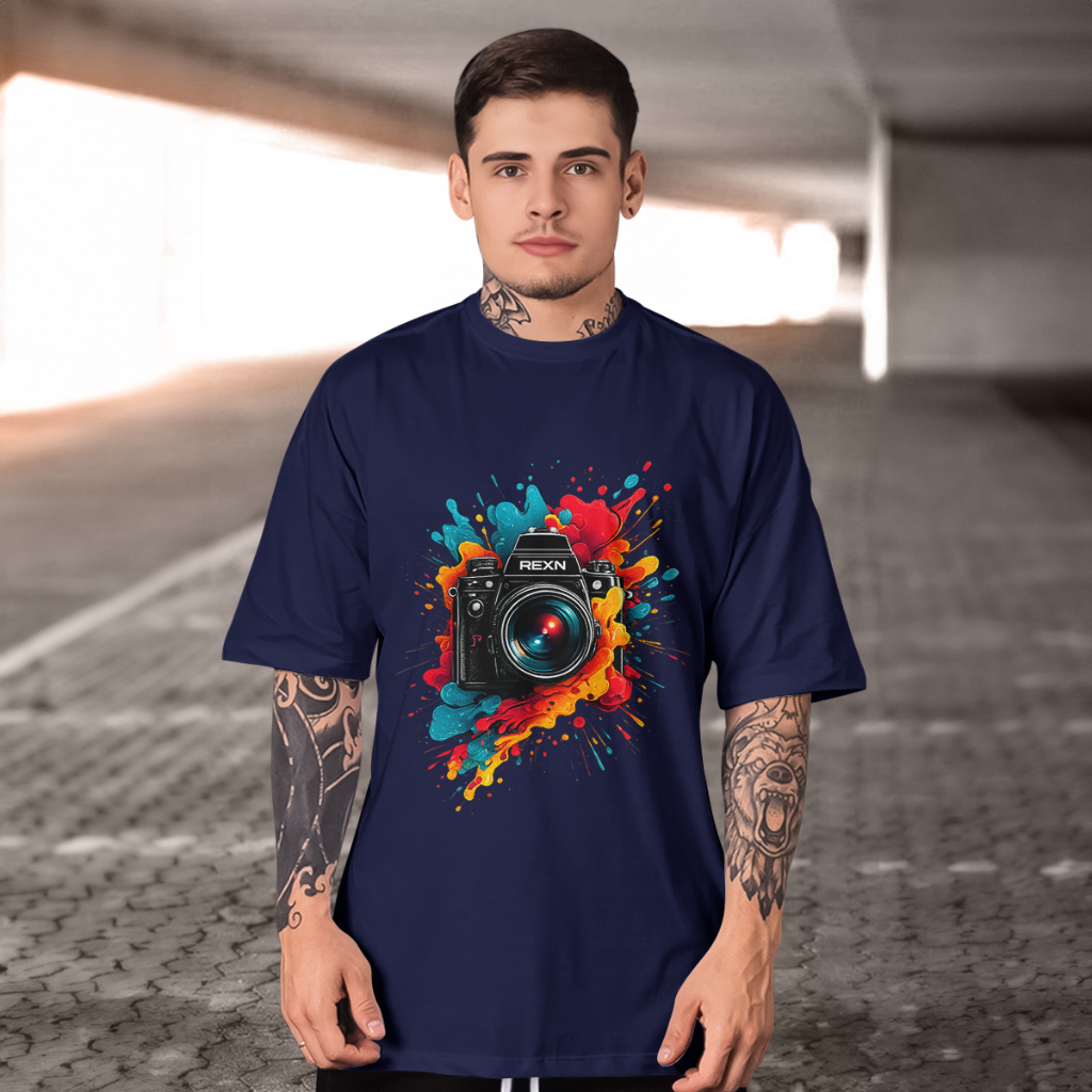 Camiseta Masculino Câmera e explosão de tinta colorida estampada Tecido Confortável e Durável 100% Algodão Moda 2026