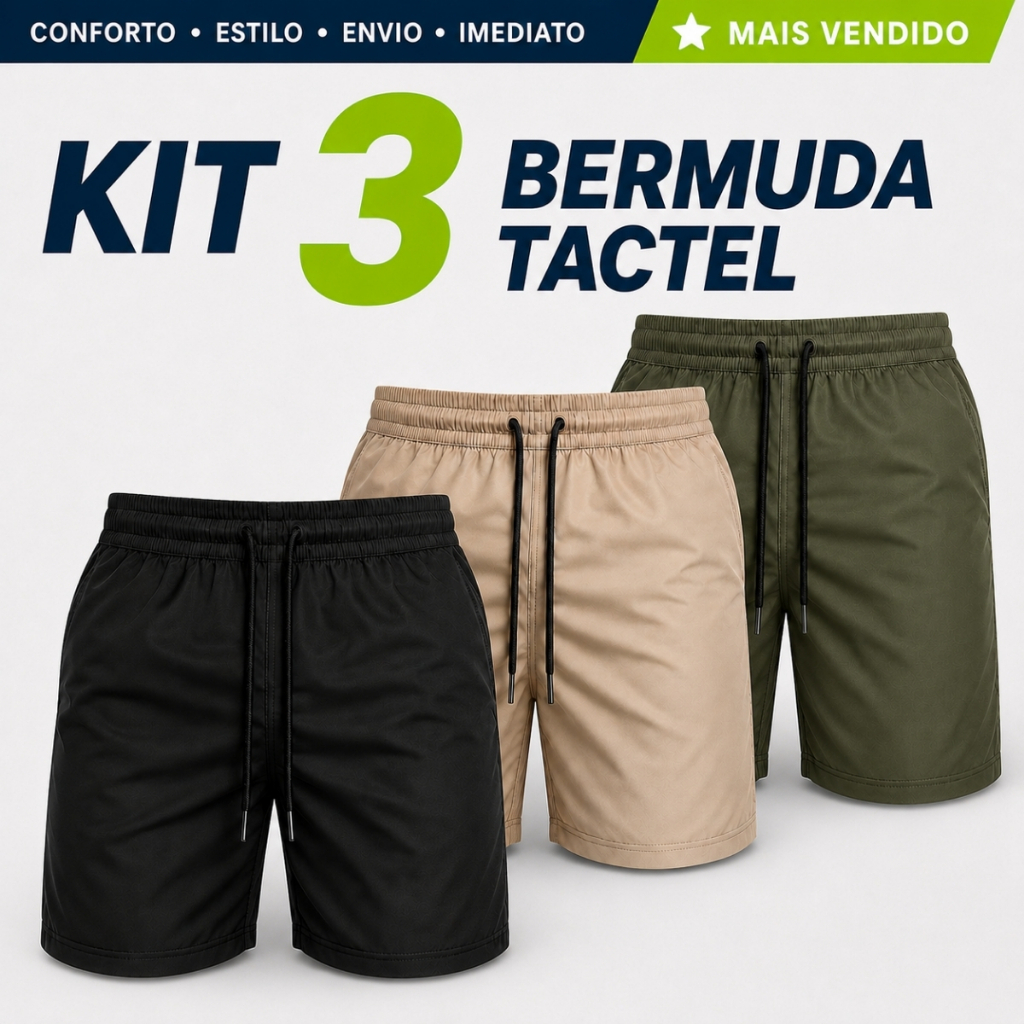 Kit 3 Short Masculino Tactel Elastano Bermuda Esporte Academia Praia Piscina Com Cordão