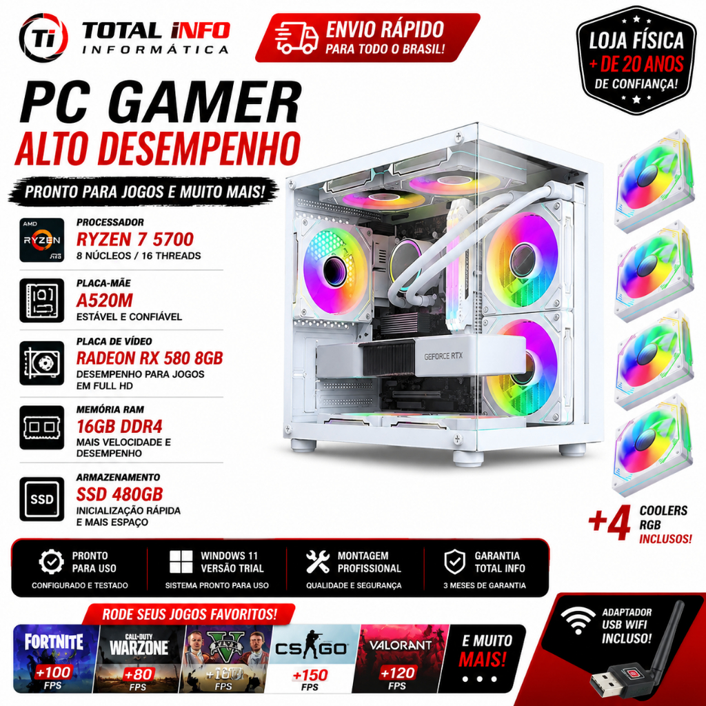 Pc Gamer Branco Aquário Ryzen 7 5700 Rx 580 8gb 16gb Ssd 480gb  - Ideal para Games