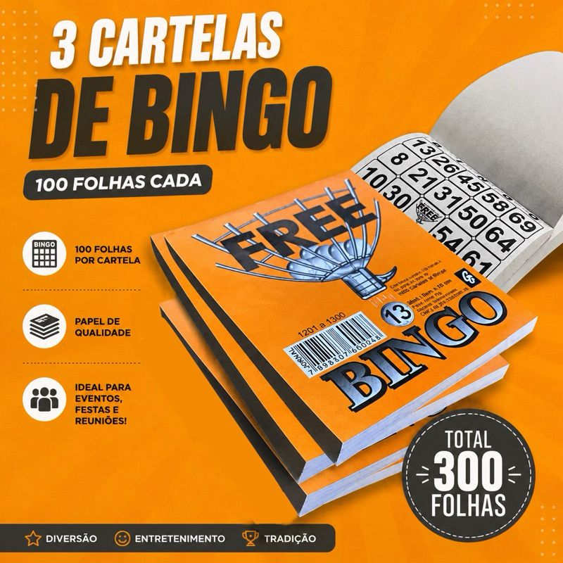 KIT 3 CARTELAS PARA BINGO COM 100 FOLHAS CADA 8cm x 10cm FREE