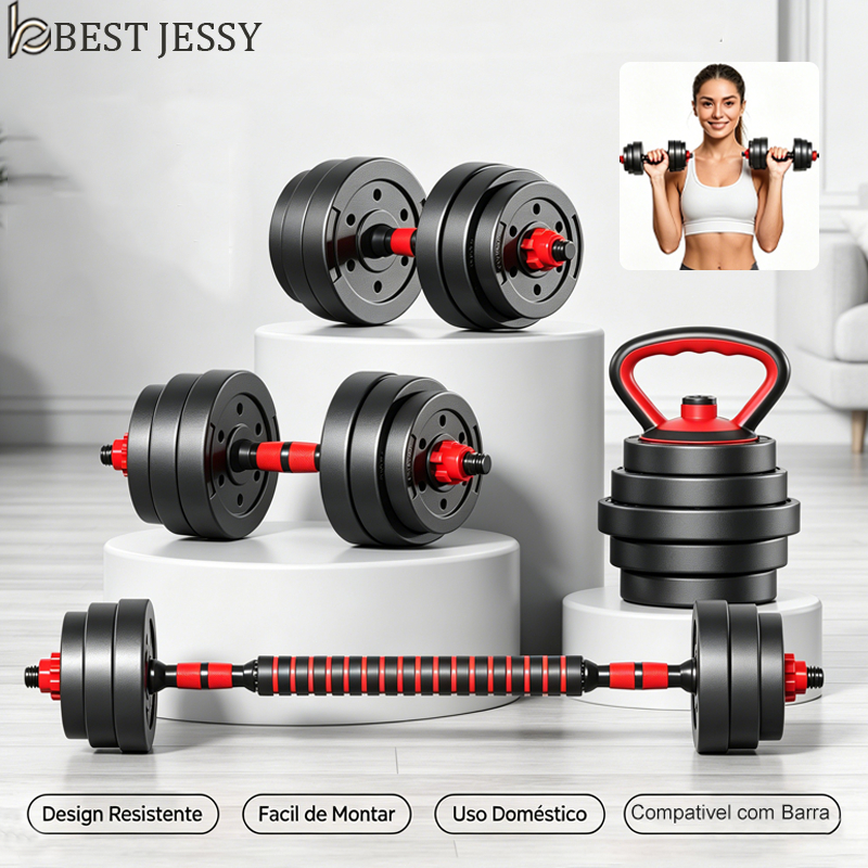 Kit de Treino Funcional 10/15/20kg Halteres Barra Supino
