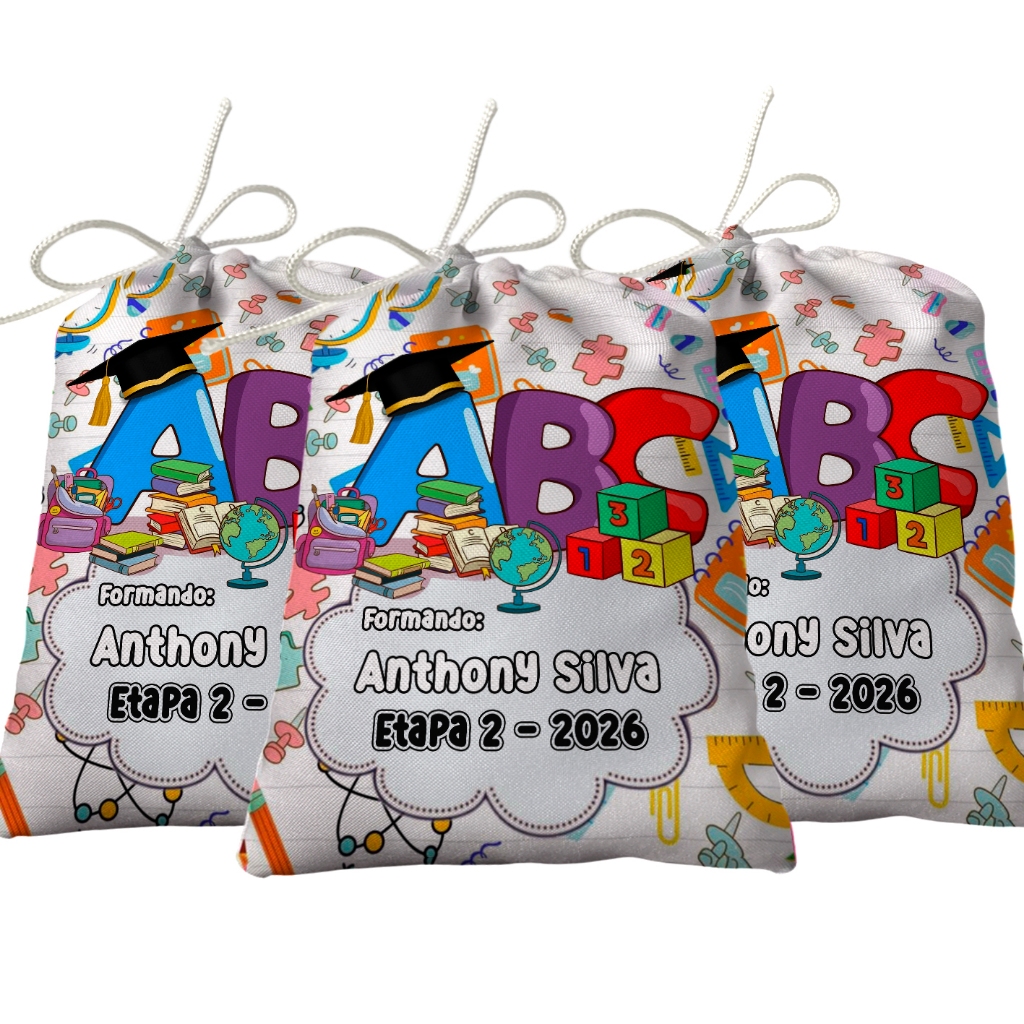 Sacolinha Lembrancinha Festa Aniversário Surpresa Tecido Personalizado Formatura ABC
