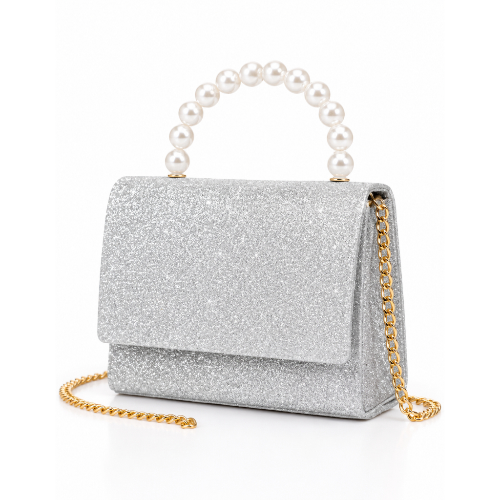 Bolsa Infantil Blogueirinha Glitter Prata com Alça de Pérolas e Corrente Dourada | Bolsa de pérola Infantil Elegante