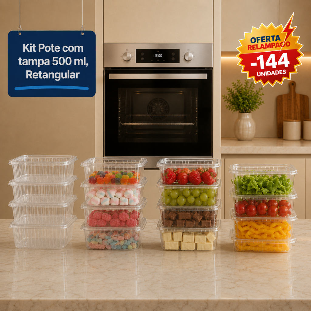 Kit 144UN  Pote E Tampa Retangular marmita fitness Descartável
