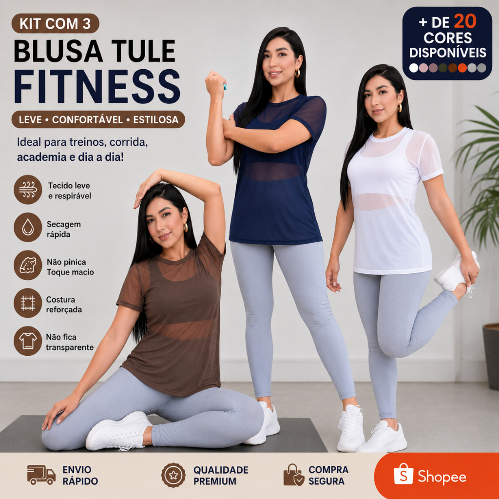Kit 3 Blusas Feminina De Tule Academia Camiseta Treino Fitnes