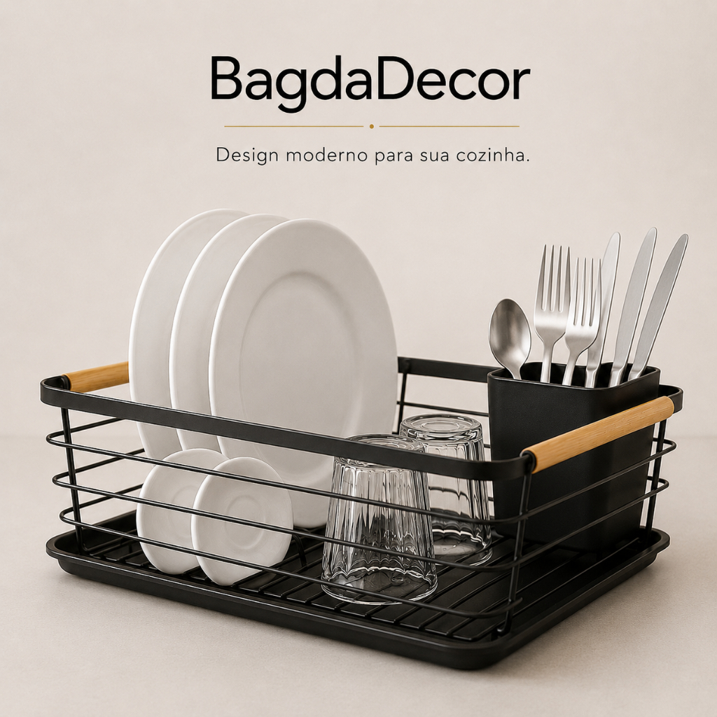 ⭐ Escorredor de Louça Premium Preto com Bandeja Removível 🥂 Porta Talheres Aço Inox + Bambu