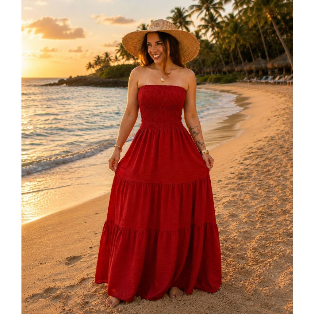 **Vestido** Longo Tomara Tecido Duna Lisa  Estampado  Frente y Costas Elastec Vermelho, Branco E Amarelo