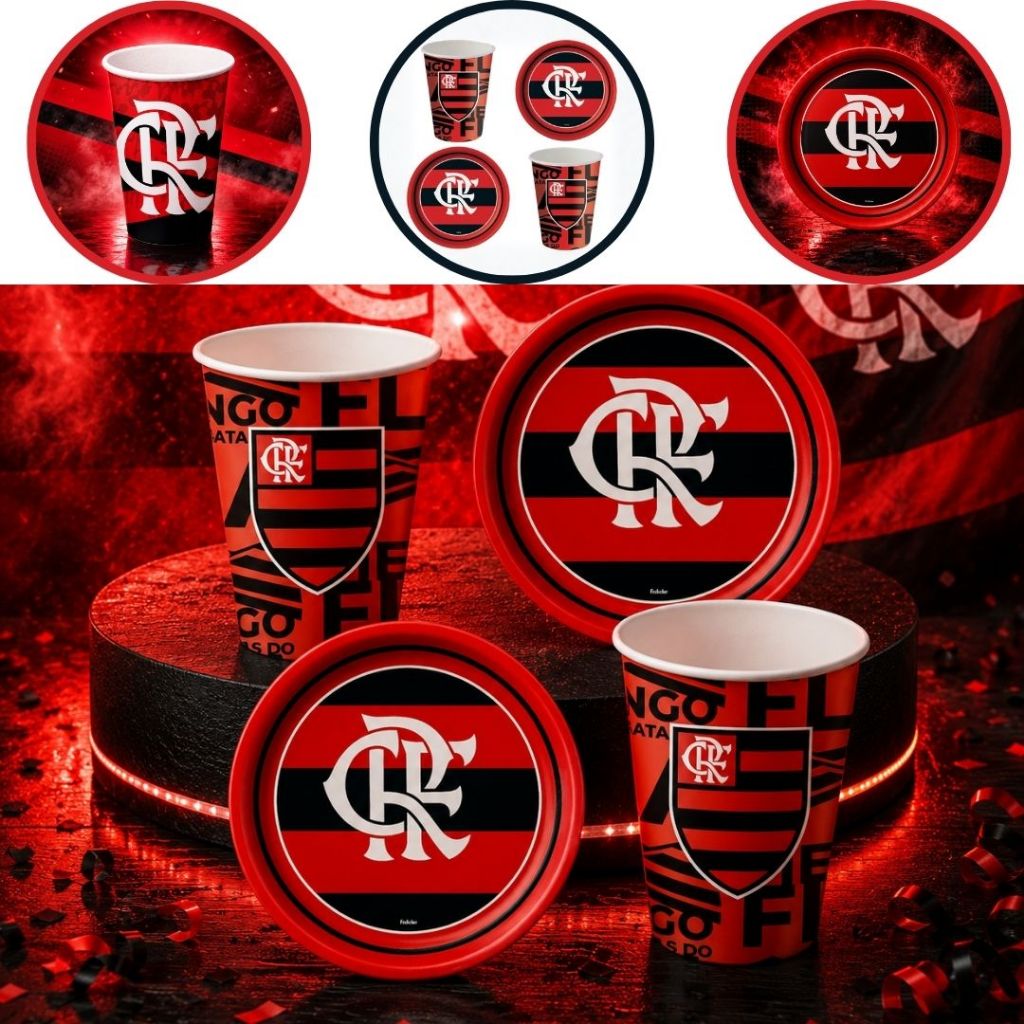 KIT FESTA FLAMENGO 16 PRATOS + 16 COPOS DESCARTÁVEL 200 ML PAPEL (FESTCOLOR LICENCIADO) CHOCO