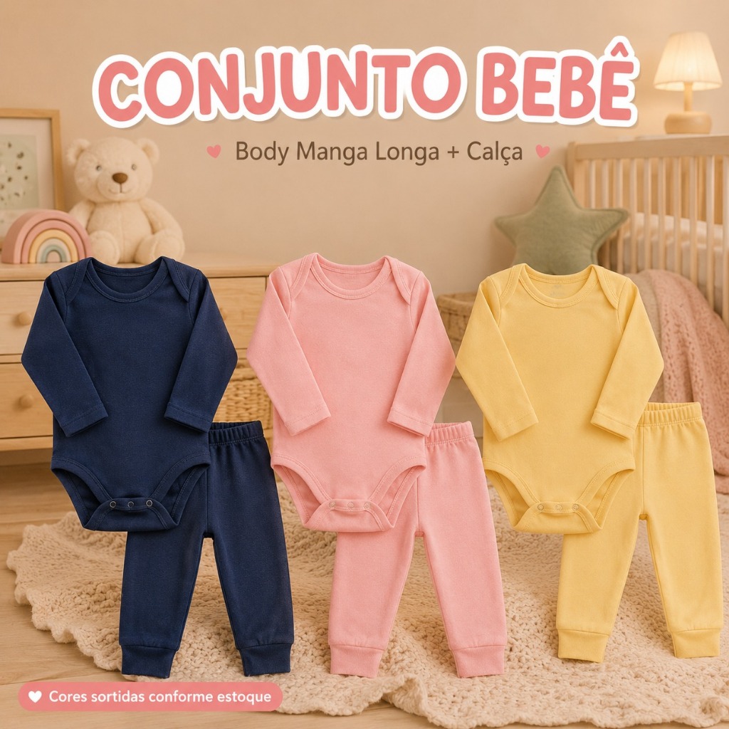 Kit 2 Conjuntos Bebê 2 Bodys Manga Longa e 2 Calças Ribana Roupa de Bebê Menina ou Menino