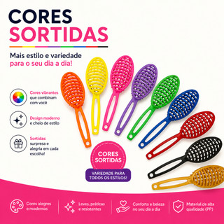 Kit 12 Pente Escova Oval Colorida – Desembaraça Cabelos Secos Molhados Liso Cacheado Ondulado
