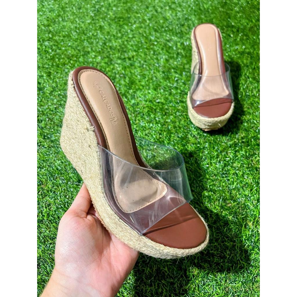 Tamanco Anabela Feminino Corda com Tira Transparente | Sandália Plataforma Confortável Casual Lançamento ref.118