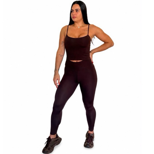 Conjunto Fitness Legging e Camiseta de Ginástica Feminina academia Marrom