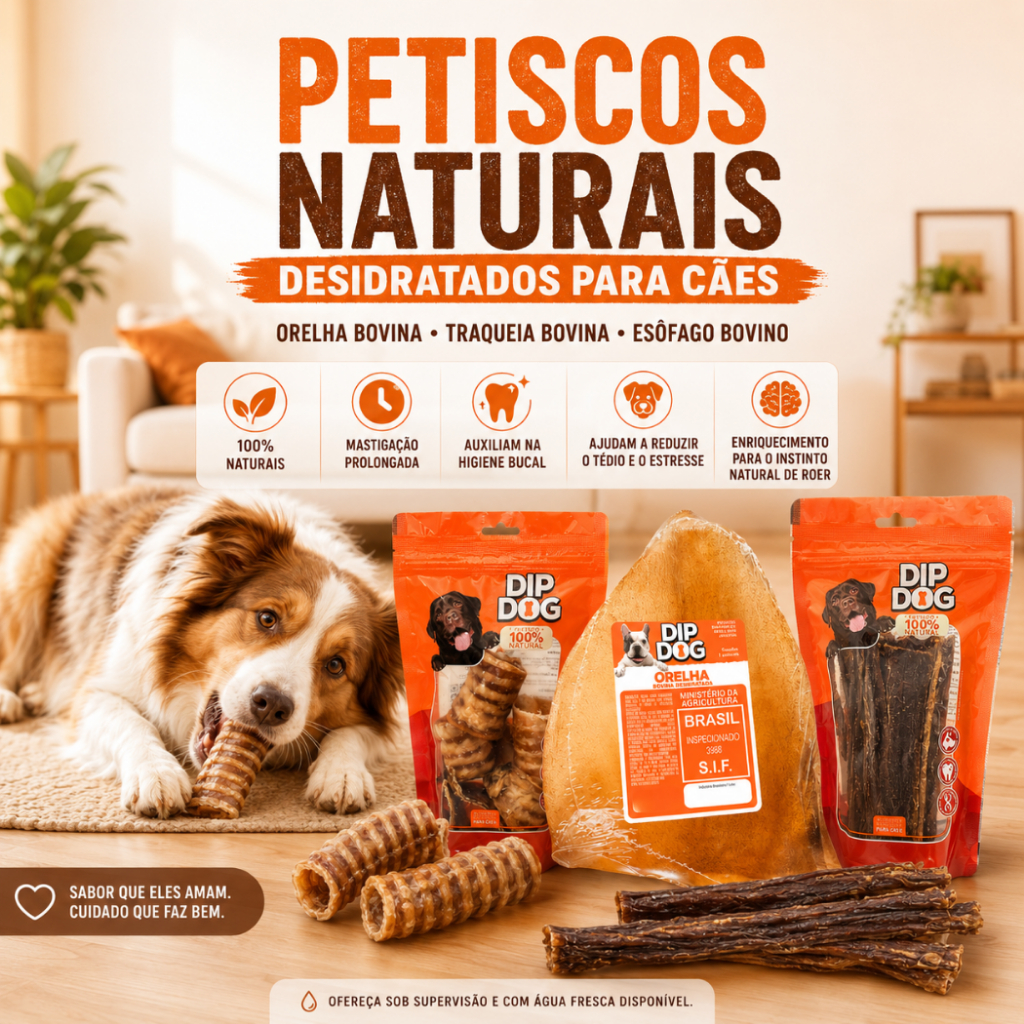 Mordedor Petisco Natural Desidratado para Cães Orelha Bovina