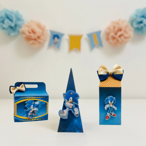 KIT de Caixinhas Sonic Personalizadas |Pirâmide+Milk+Maletinha| Lembrancinha Festa Infantil | Aplique 3D | PEGUE E MONTE