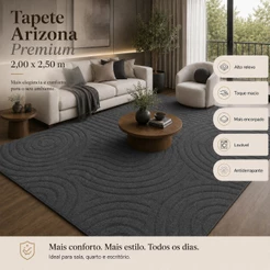 Tapete Premium 2,50x2,00 Sala Quarto Escritório Alto Relevo Macio Antiderrapante Cinza