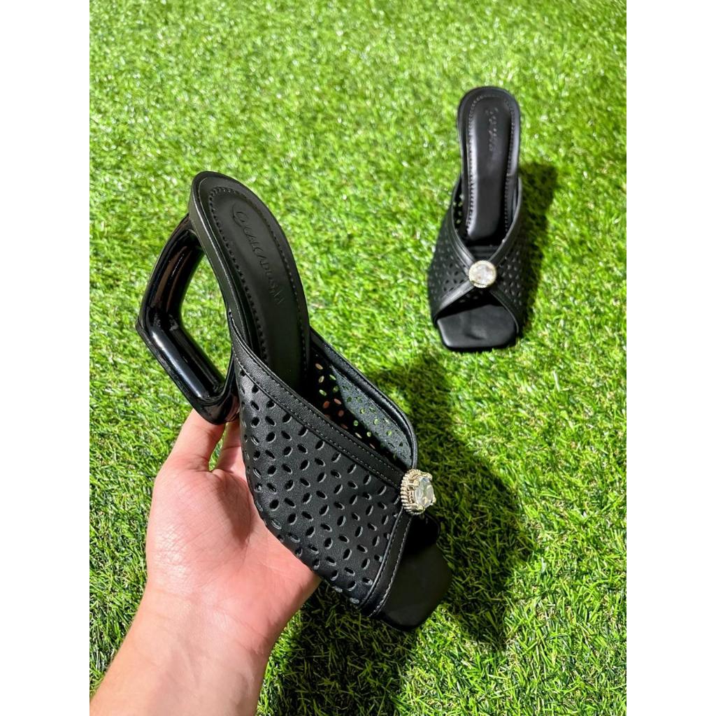 Sandália Tamanco Feminino Salto Geométrico Vazado Caramelo Elegante Mule Feminina Confortável Moda Verão ref.196