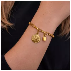 Pulseira Pingente Medalha São Miguel Arcanjo Cadeado Aço Inoxidável Dourado