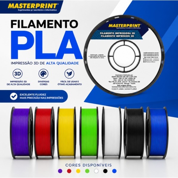 Filamento PLA 3D 1.75mm 1KG Cores a escolha para Impressora 3D Masterprint