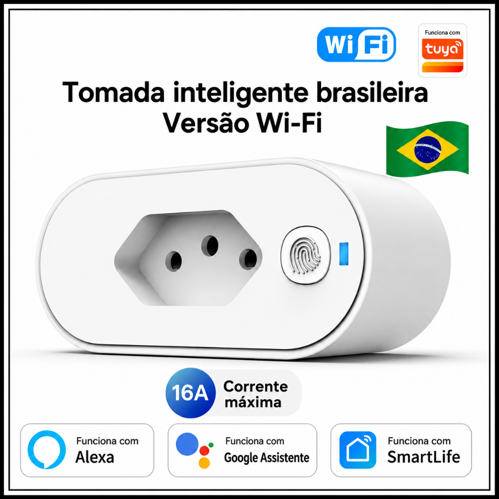 Tomada Inteligente Plugue WI-FI 16A com Monitor de Energia Funciona com Google Home e Alexa
