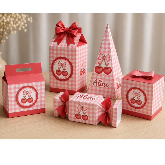 Kit Lembrancinhas Personalizadas CEREJINHA | Caixa Milk, Pirâmide, Sushi, Bala e Maletinha | Papelaria Personalizada