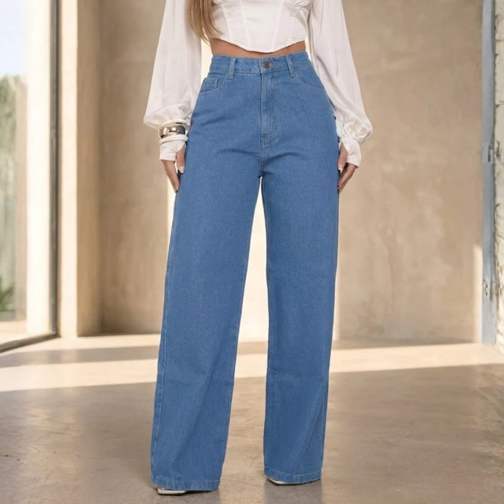 Calça Jeans Feminina Wide Leg Marmorizada Cintura Alta 100% Algodão — imagem 1