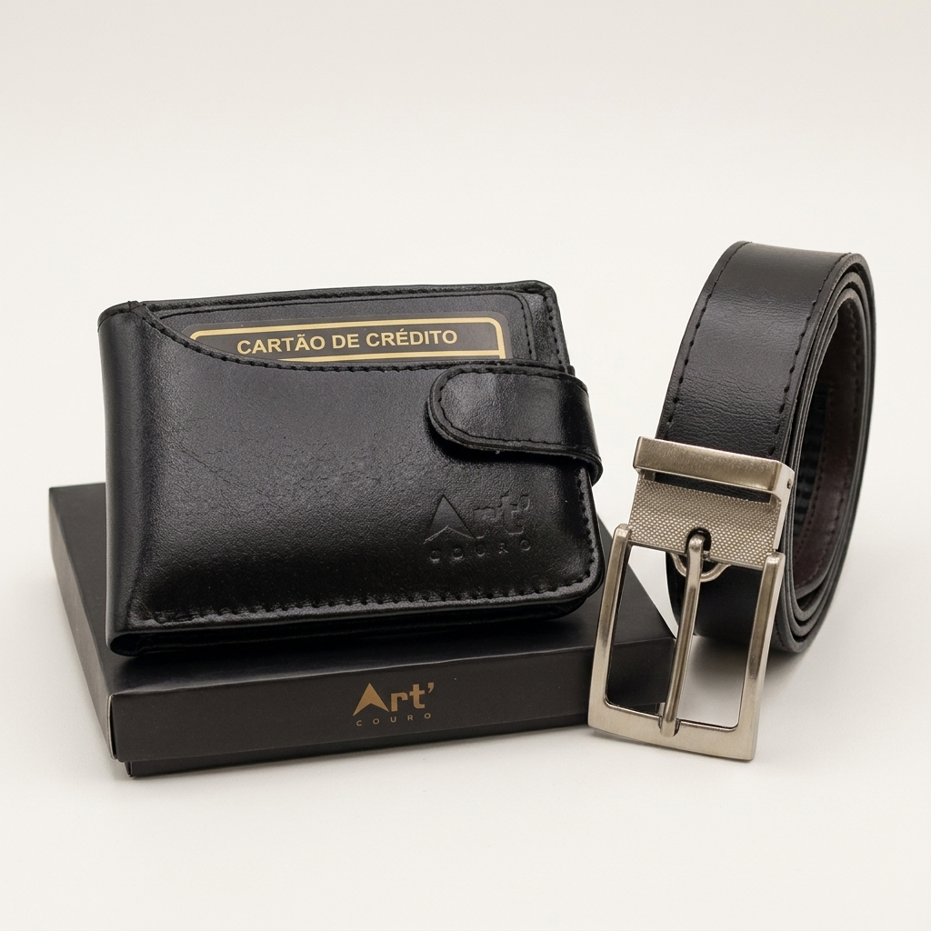 Kit Presente Masculino: Carteira Couro Legítimo Porta Cartão + Cinto Couro Sintético Dupla Face Preto Café