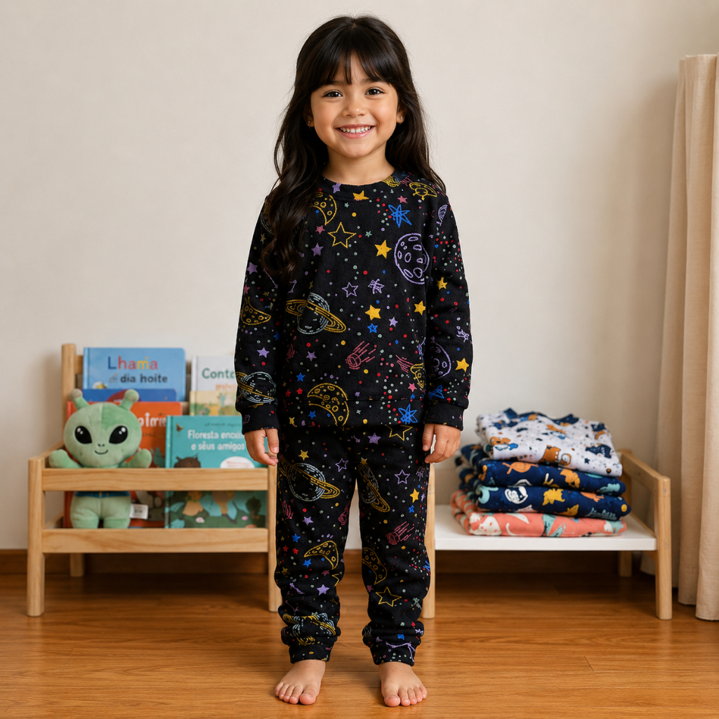 Pijama Infantil Longo Soft Peluciado Menino e Menina Conjunto Quentinho Estampa Confortável para Inverno