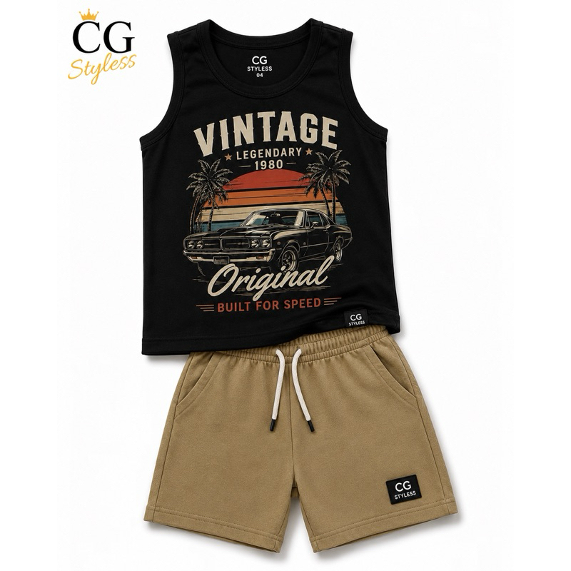 Conjunto Infantil Masculino Regata Branca Vintage + Short Caqui | Roupa Infantil Verão Menino Moletinho Confortável