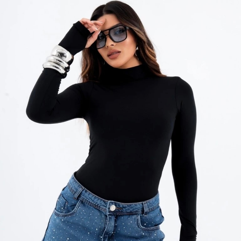 BLUSA GOLA ALTA MANGA LONGA COM DEDINHO JUSTA NO CORPO SUPLEX JUSTA NO CORPO FEMININA CASUAL BASICO DIA A DIA