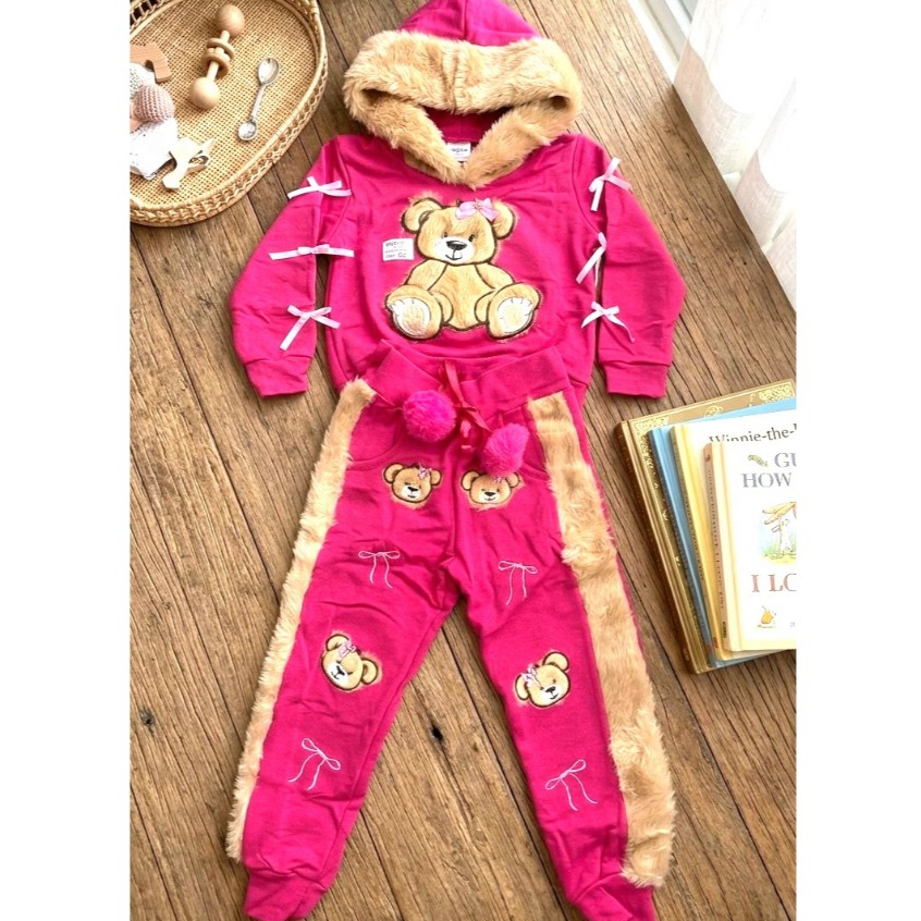 Conjunto Infantil Feminino Moletom Premium Frio Capuz E Calça Ursinho Luxo Inverno Menina Blusa Calça Tamanho 2 Ao 10