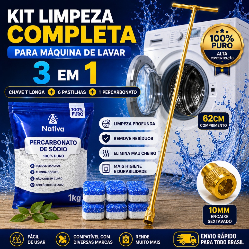 Kit Limpeza Máquina de Lavar 3 em 1 Chave T Longa 62cm 10mm + Pastilhas Efervescentes + Percarbonato de Sódio 100% Puro