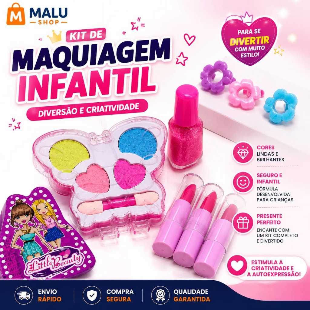 Kit Maquiagem Infantil Menina Completo Little Beauty com Batons Esmalte Sombras Presente Brinquedo Educativo Perfeita