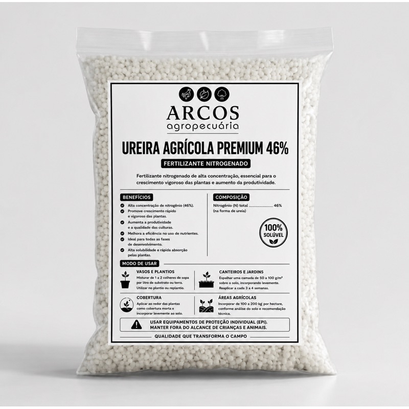 Ureia Agrícola Premium 46% Adubo Fertilizante Nitrogenado 100% Solúvel para Plantas, Jardim, Horta e Gramado