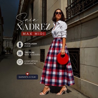 Saia Max Midi Xadrez com bolsos Tecido Tricoline 100 % Algodão Estilosa e Fashion