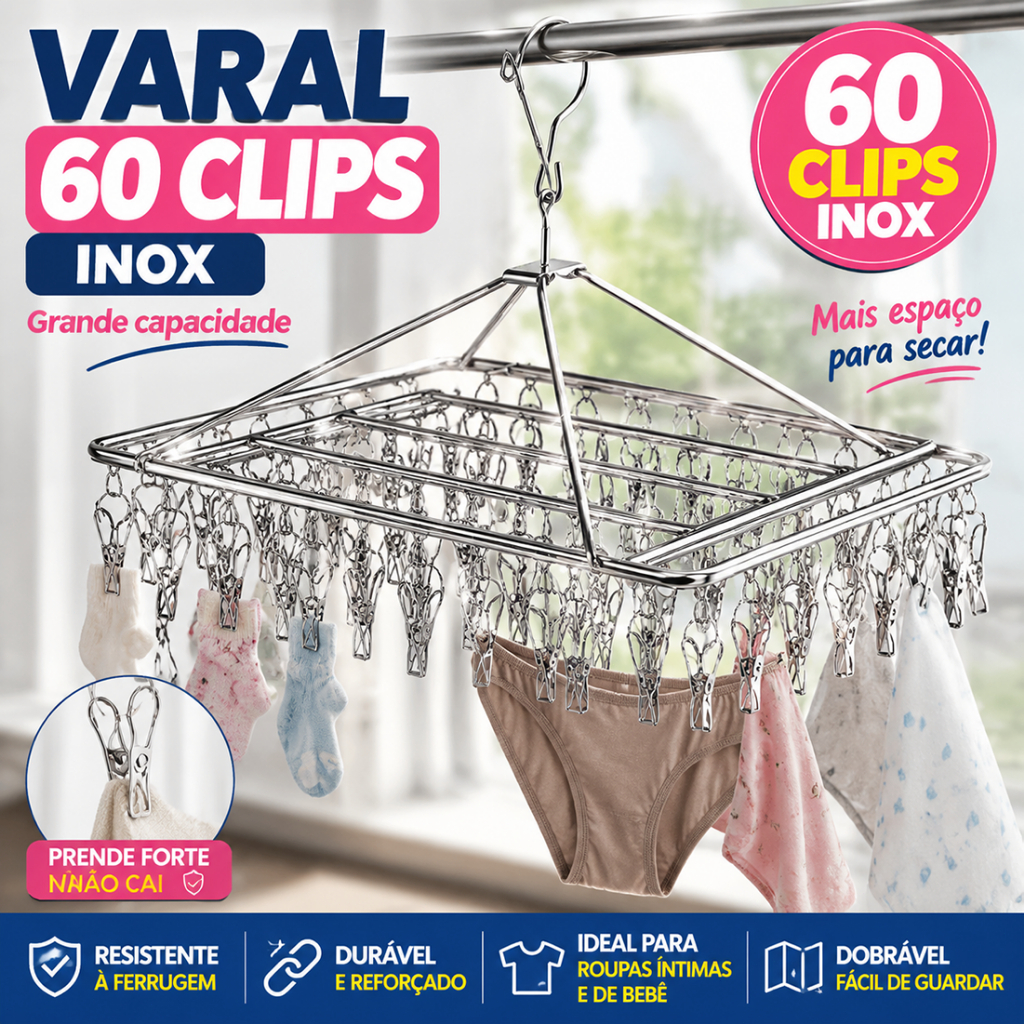 Varal 60/40 Clips Inox Prendedores Roupa Bebe Calcinha Cueca Dobrável Inox