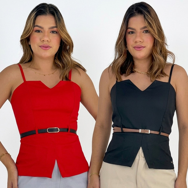 blusa feminina +cinto social alfaiataria moda executiva elegante sem manga alça qualidade moda luxo