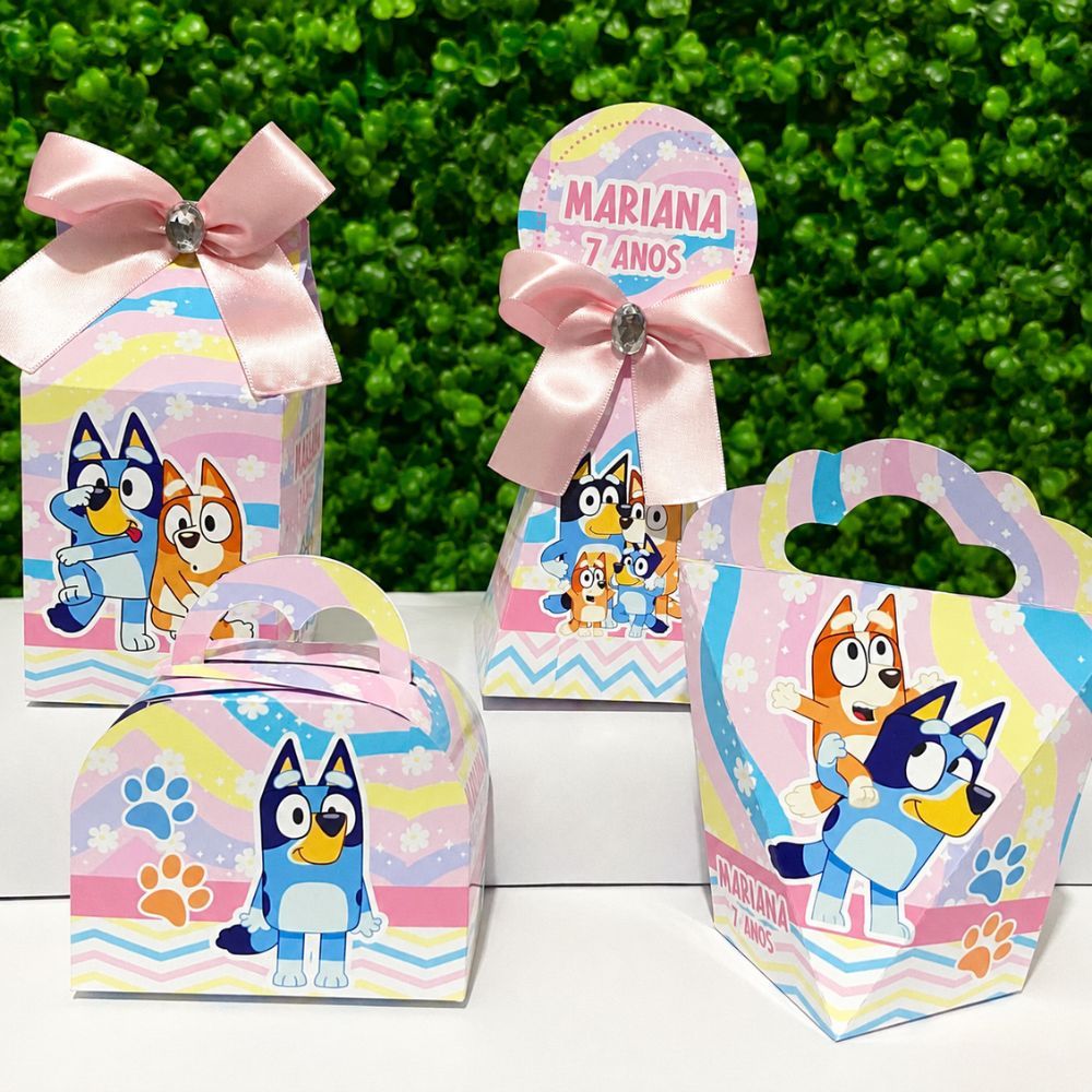 Kit Caixas Personalizadas BLUEEY ROSA Lembrancinhas Festa Infantil Aniversário Desmontadas