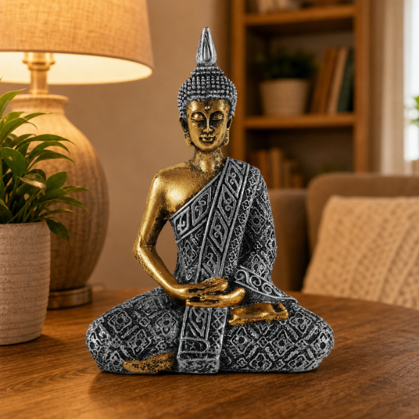 Imagem Buda Hindu Tailandês Tibetano Sidarta Resina Prata C/ Ouro Estatua Zen Religião Estatueta