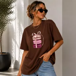 Camiseta feminina estilo Oversize 100% algodão com estampa de Macarrom