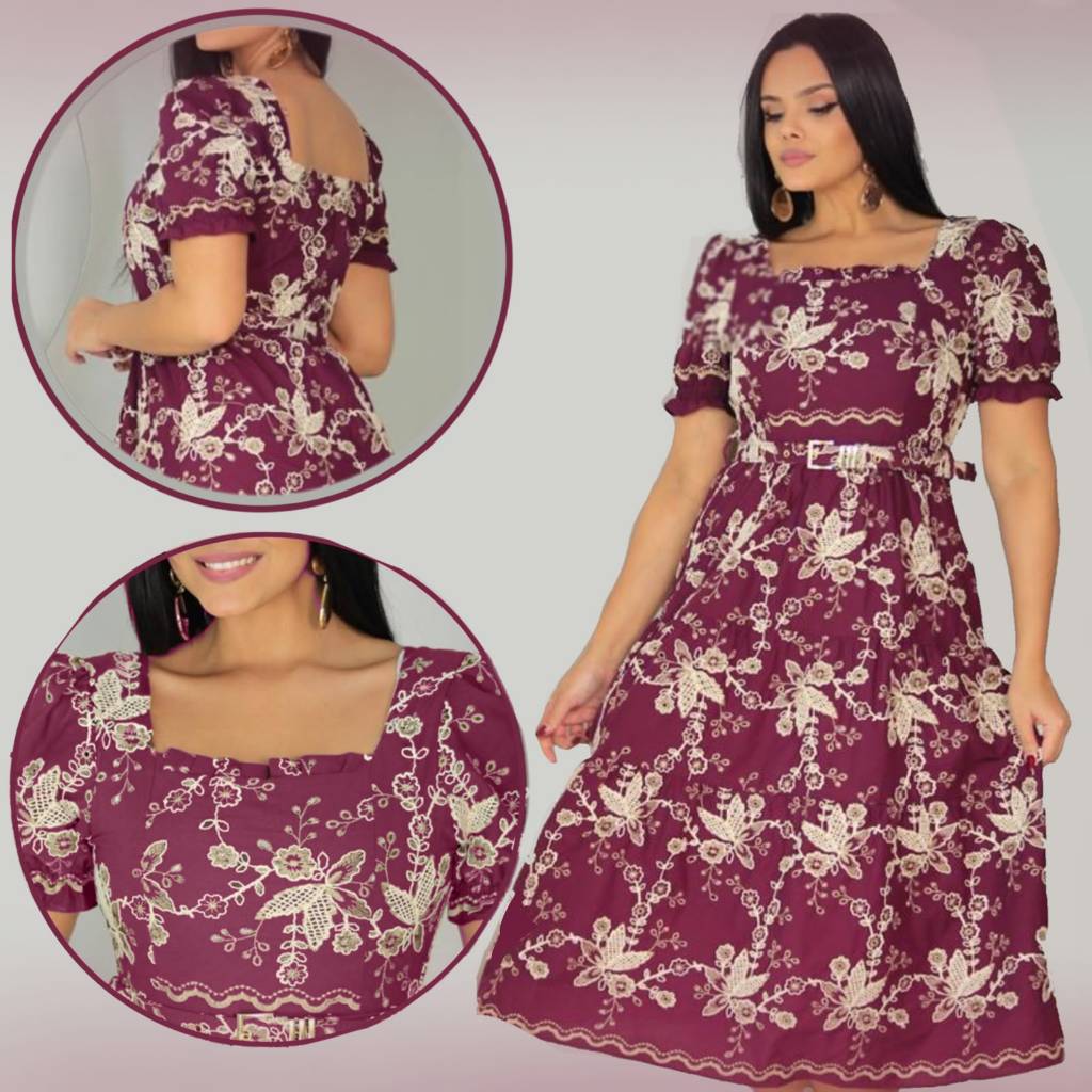 Vestido Feminino Midi Lese Cordonê 100% Algodão Bordado, contém elastex nas costas e acompanha cinto do mesmo tecido.