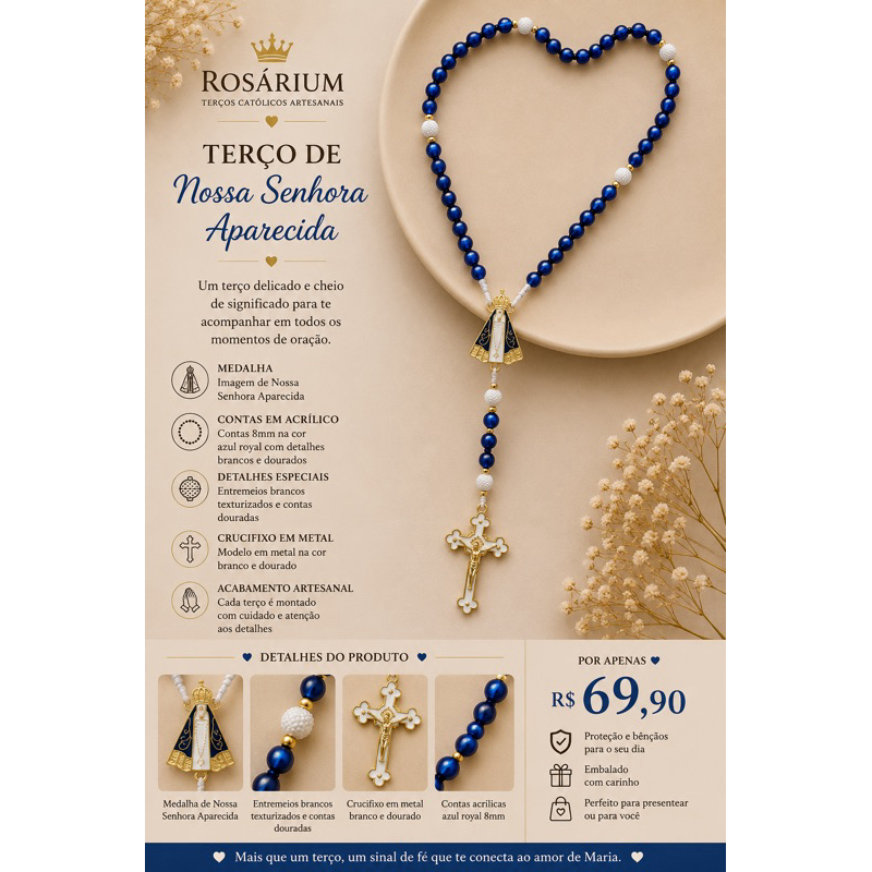 Terço Artesanal Nossa Senhora Aparecida Azul Royal 8mm Católico Rosário Rosárium
