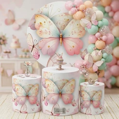 Capa Painel Redondo 1.50m + Trio Cilindro Decoração Infantil Jardim Encantado Borboleta Helanca