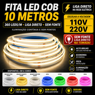 Fita Cob Led Direta Na Energia 10m 360 leds 110v/220v IP20 Não Usa Fonte