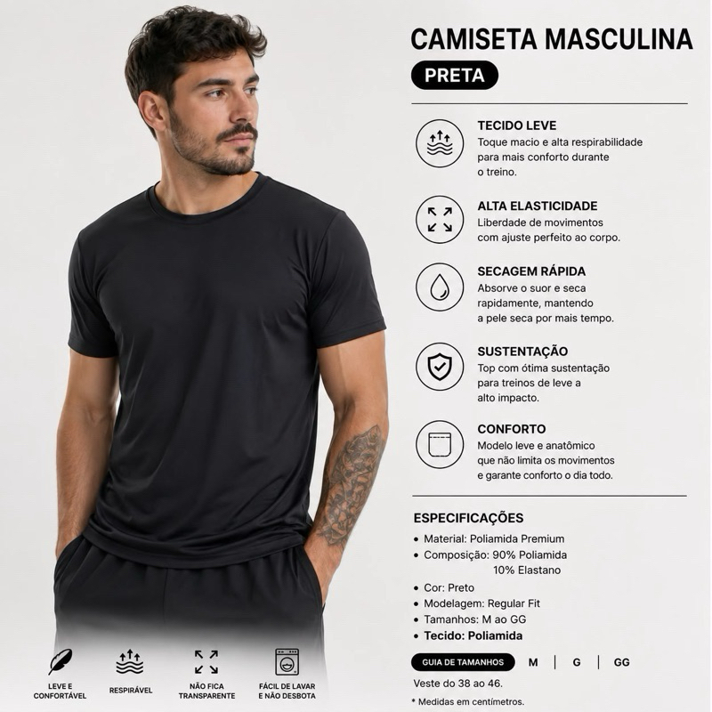 Camiseta Poliamida Masculina com Elastano Anti Suor Secagem Rápida Academia Musculação