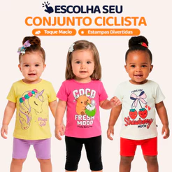 Conjunto Ciclista Bebê Menina Neném Blusa e Shorts Feminino Verão Roupas Algodão Casual Baby Estampado Dia a Dia L14